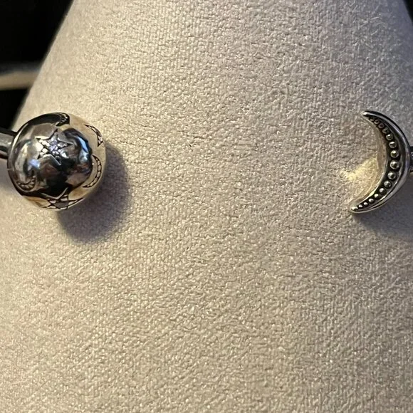 Sterling Silver Pandora Moments Moon & Stars Open Bangle Bracelet – Size Medium - Picture 7 of 13